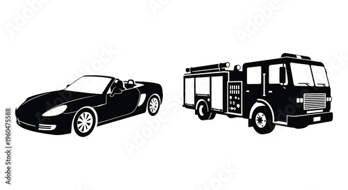 A striking black and white illustration depicts a sports car alongside a fire engine both in silhouette
