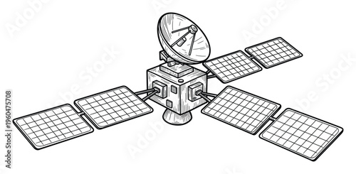 Detailed line drawing of a communication satellite featuring a large dish antenna and multiple solar panels, perfect for science education and technology presentations.