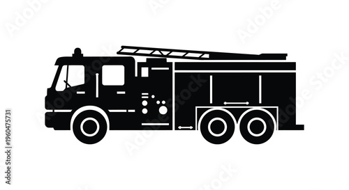 A detailed black silhouette depicts a classic fire engine with an extended ladder showcasing emergency services silhouette