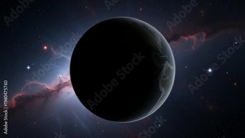 Dark planet in space with nebula and stars