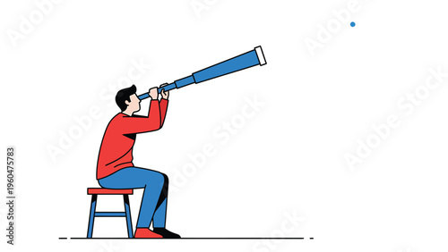 Man with telescope searching distant point. Future vision, discovery, exploration, and opportunity concept illustration.