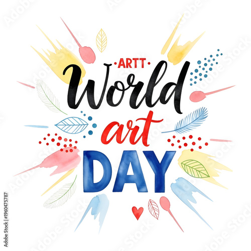 Vibrant world art day celebration graphic with colorful feathers and brushes on white background