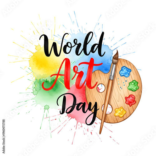 Vibrant world art day illustration with paintbrush and palette on colorful background