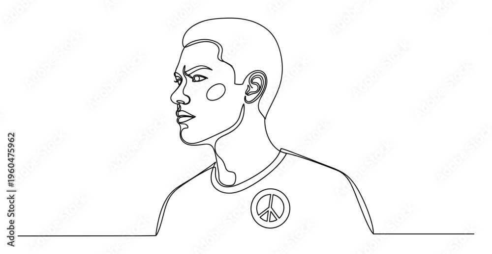 Obraz premium Dynamic continuous line portrait of a serious young man with a distinct haircut and a peace symbol on his clothing, ideal for minimalist branding, social justice campaigns, or introspective