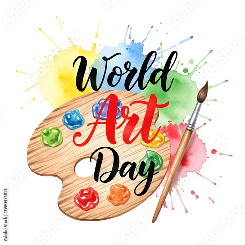 Vibrant world art day illustration with colorful palette and brush on white background celebrating creativity