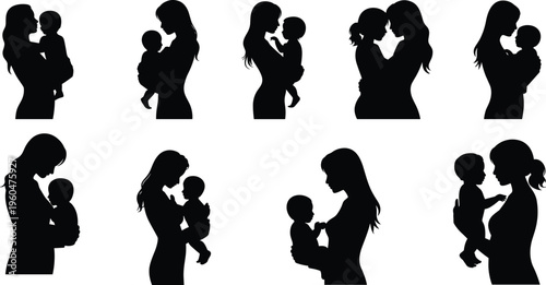 Black silhouette collection of mother and baby icons set showing motherhood love bonding and breastfeeding moments isolated on white background for family graphic design