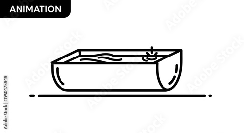 Minimalist line art animation of a modern bathtub filling with water, featuring gentle ripples and