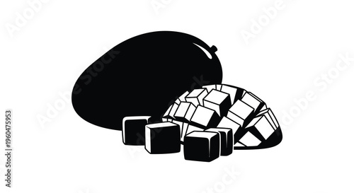 A striking black silhouette depicts a whole mango and diced pieces showcasing tropical fruit freshness silhouette high quality