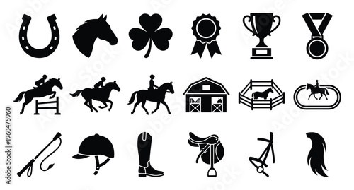 Equestrian sport equipment and activity silhouettes for use in horse riding event promotions, stable branding, and educational materials.