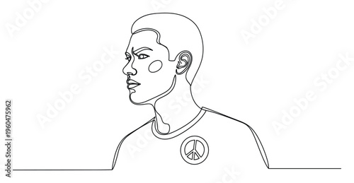 Dynamic continuous line portrait of a serious young man with a distinct haircut and a peace symbol on his clothing, ideal for minimalist branding, social justice campaigns, or introspective
