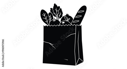 A black silhouette of a paper bag filled with fresh produce and bread a simple design silhouette
