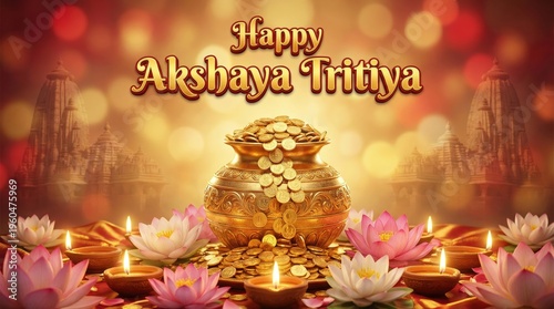Golden pot filled with coins and lit diyas with lotus flowers in front of blurred temple structures for Akshaya Tritiya festival