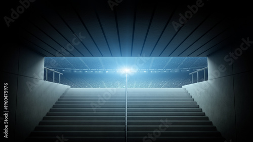 Entrance to modern soccer arena with crowded stands and tunnel stairs. An imaginary soccer stadium is modelled and rendered.