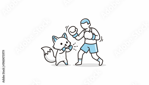 Cute cartoon fox and human boxer playfully sparring in a simple line art illustration