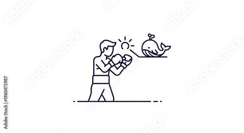 Modern linear graphic depicting a determined fighter in gloves and belt with an illuminated whale