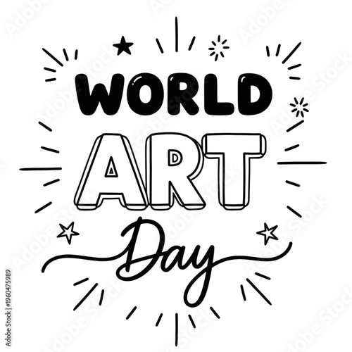 World art day celebration with black text and decorative lines on white background