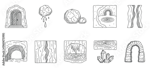 Hand drawn collection of various cave entrances, underground environments, natural rock formations, and crystals, ideal for game design assets, adventure maps, or fantasy world building