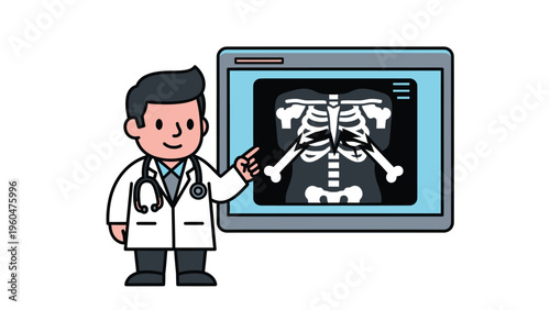 Cartoon Doctor Explaining Broken Ribs X-ray on Screen
