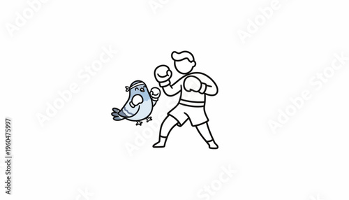 Whimsical Boxer and Tough Pigeon Sparring in a Playful Cartoon Match Representing Friendly