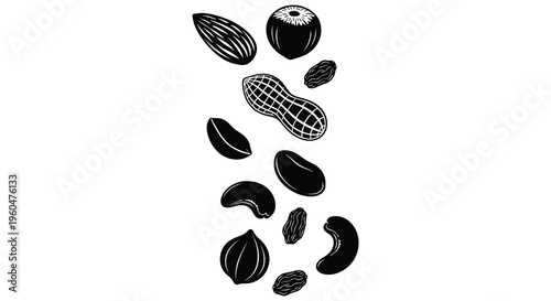 A scattering of various nuts including peanuts almonds and cashews depicted in a striking silhouette high quality professional