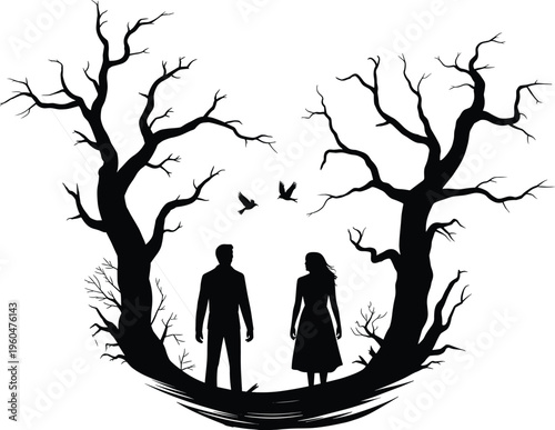 Black silhouette of a romantic couple standing between dead trees with flying birds, flat vector illustration of a mysterious forest landscape on white background.