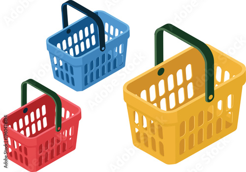 Isometric plastic shopping baskets set colorful retail grocery store containers empty market carry baskets supermarket equipment illustration isolated design