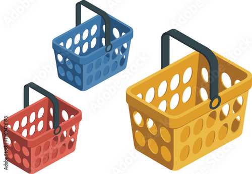 Isometric plastic shopping baskets set colorful retail supermarket containers empty grocery carry baskets market equipment illustration isolated modern design