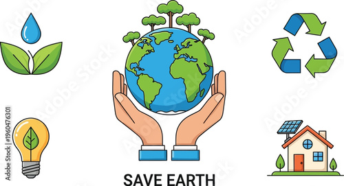 Illustrated concept showing hands cradling the planet surrounded by icons representing water conservation and renewable energy solutions