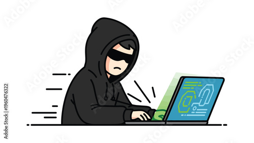 Anonymous hacker in black hoodie swiftly typing on laptop. Cyber security, coding, data breach, digital threat, internet crime illustration.