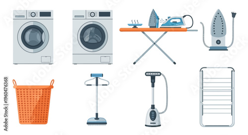 Collection of Modern Flat Vector Icons for Laundry and Garment Care Appliances Including Washing Machines, Ironing Board, Steam Iron, Basket, and Drying Rack.