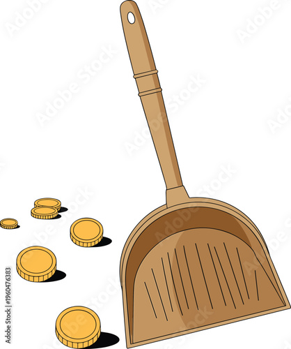 Wooden dustpan collecting coins illustration financial savings concept money cleanup budgeting expense management minimal flat design isolated on background