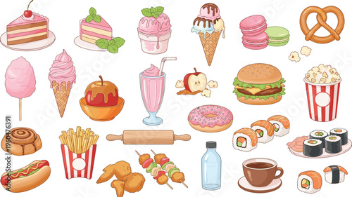 Hand drawn food illustration set with desserts sushi burger snacks drinks bakery sweets vector collection colorful detailed style