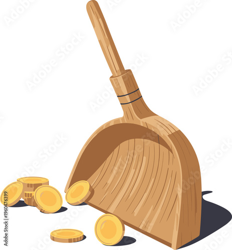 Wooden dustpan with coins illustration financial savings concept money collection budgeting expense control minimal flat design isolated background