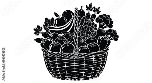 A bountiful arrangement of fruits and vegetables overflows from a woven basket presented as a silhouette high quality