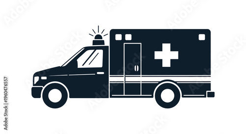 A stark black silhouette of an ambulance with a flashing light bar depicts emergency medical services silhouette
