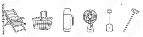 Collection of essential outdoor leisure and gardening items including a folding chair, picnic basket, thermos, portable fan, shovel, and rake for various summer and garden projects