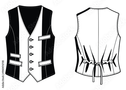 Classic mens formal waistcoat presented with detailed front and rear perspectives, ideal for apparel manufacturing specifications, costume design references, or tailoring instructions.