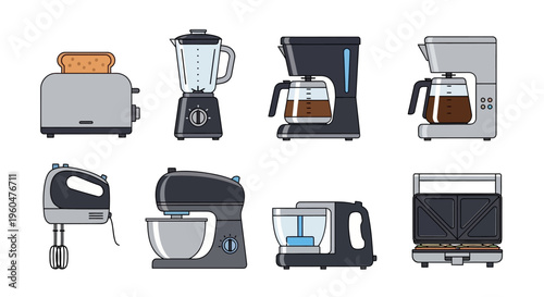 Modern Kitchen Appliances Icon Set with Toaster Blender Coffee Maker Hand Mixer Stand Mixer Food Processor and Sandwich Grill on Isolated White Background.