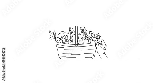 Minimalist continuous line art depicting a hand drawing a basket overflowing with fresh, healthy