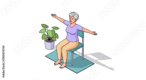 Elderly woman practicing yoga on chair with indoor plant in modern cartoon style