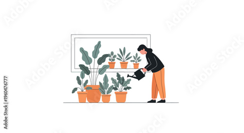 Minimalist gardening scene with woman watering houseplants in pots