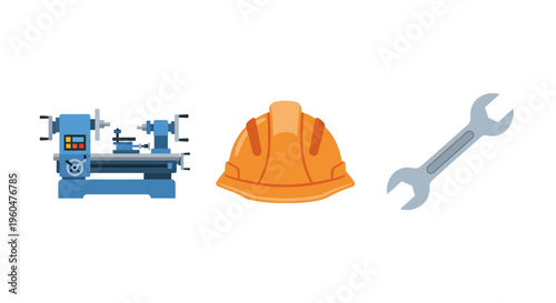 Industrial tools and safety equipment icons: hard hat, lathe, wrench in flat design