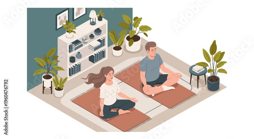 Isometric home meditation space with plants and peaceful couple relaxing