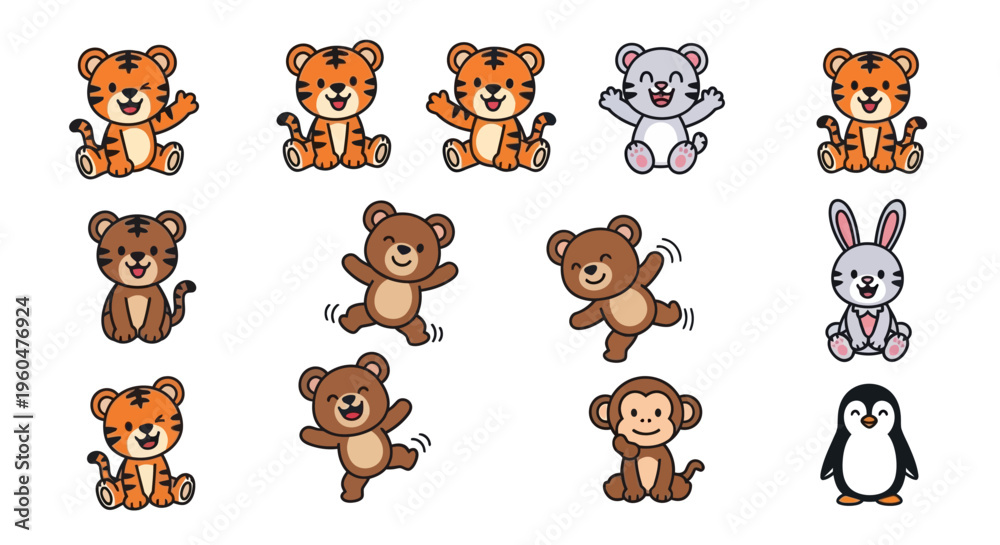 Fototapeta premium Cute cartoon animals bears tigers monkey rabbit penguin fun stickers
