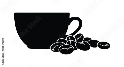 A minimalist depiction of a coffee cup and beans presented in a striking black silhouette high quality professional