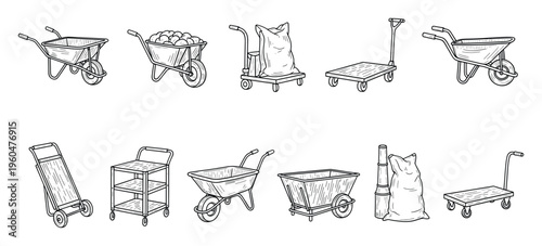 Assortment of hand trucks, garden wheelbarrows, and utility carts illustrating essential equipment for transporting various goods and materials in industrial, agricultural, or home