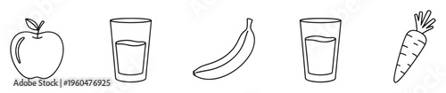 Simple line drawings of healthy food items like apple, banana, carrot, and juice in glasses, perfect for educational materials or healthrelated graphic projects.