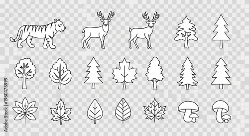 Black line drawings of forest animals and trees on transparent background
