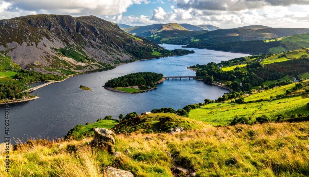 Fototapeta premium Serene expanse of undulating hills and tranquil waters