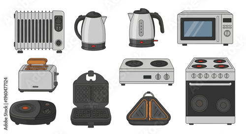 Comprehensive flat vector illustration set featuring modern kitchen appliances and home electronics like a microwave toaster electric kettle stove and heater.